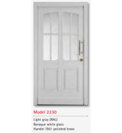 UNILUX Model 2230 Light Gray Door, Baroque White Glass, Polished Brass Handle, Secure Classic Timber Front Door